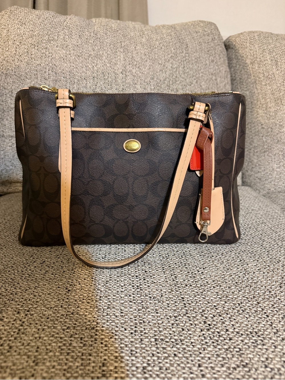 Coach Brown Signature Shoulder Bag with Tan Straps